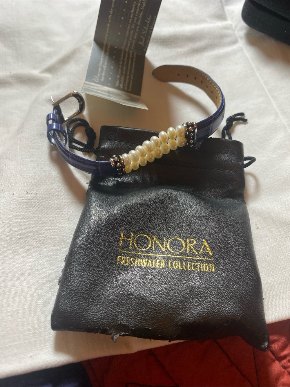 Honora Navy Leather Bracelet with Cream Freshwater Pearls